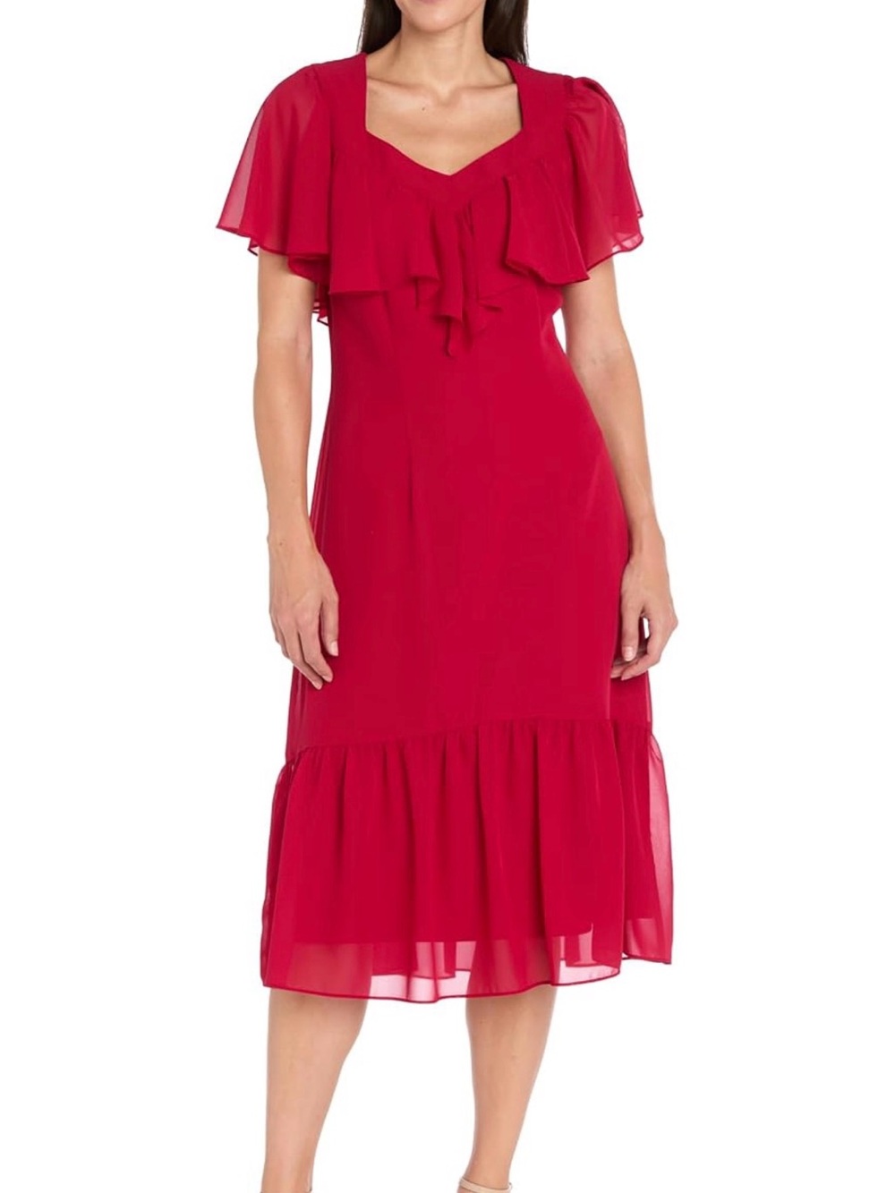 R&M Richards Vibrant Red Ruffle Midi Dress